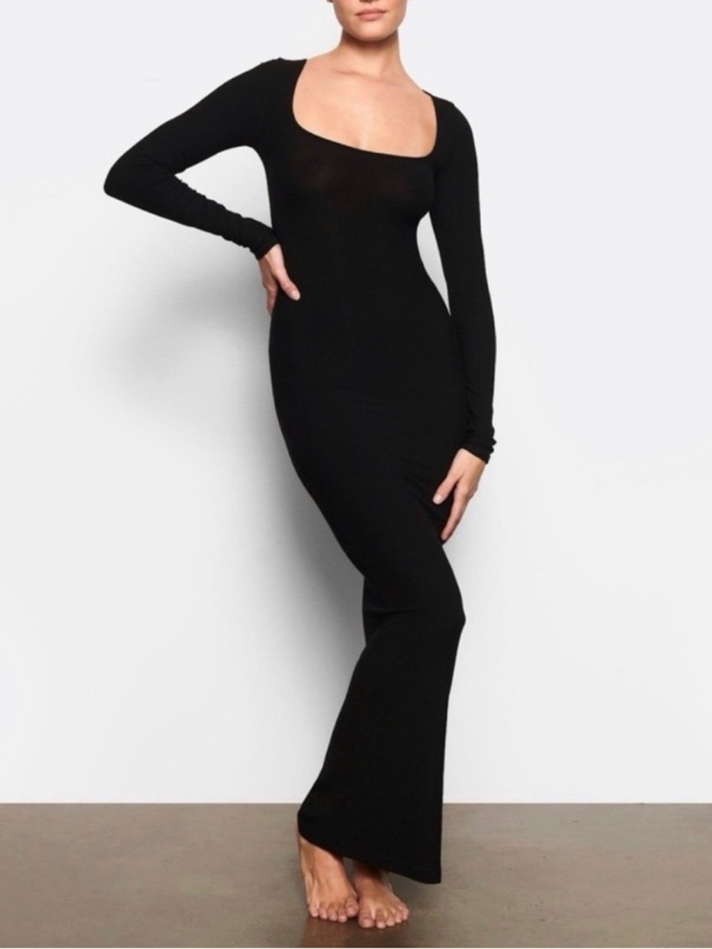 SKIMS Black Long-Sleeve Scoop-Neck Maxi Dress